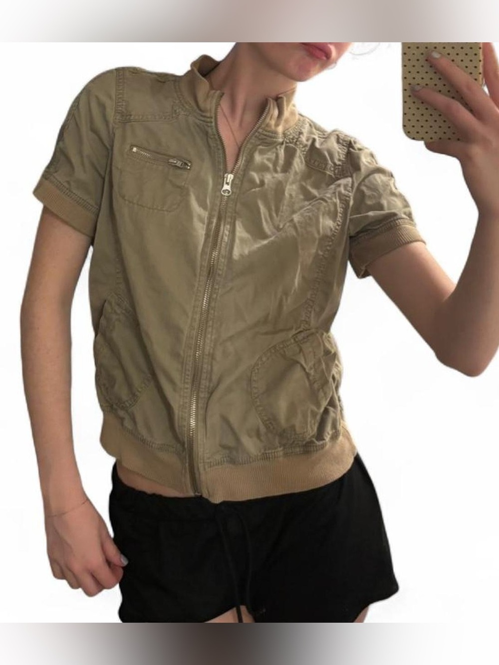 Vintage LOFT Khaki Short-Sleeve Zip up top